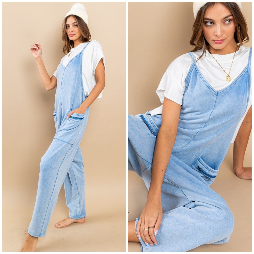 Ces Femme Washed Blue Soft Knit Jumpsuit Overalls - Picture 9 of 9